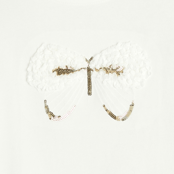 تي شيرت باللون الأبيض ومُزيَّن برسمة فراشة، بأكمام طويلة، للفتيات